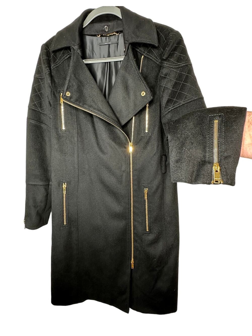 Gucci Black Wool Cashmere Sueded Gold Zip Long Line Trench Coat Jacket 44